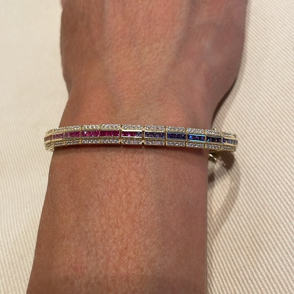 Multi color gems stones Sterling silver bracelet with yellow gold finish unisex - Picture 4 of 11